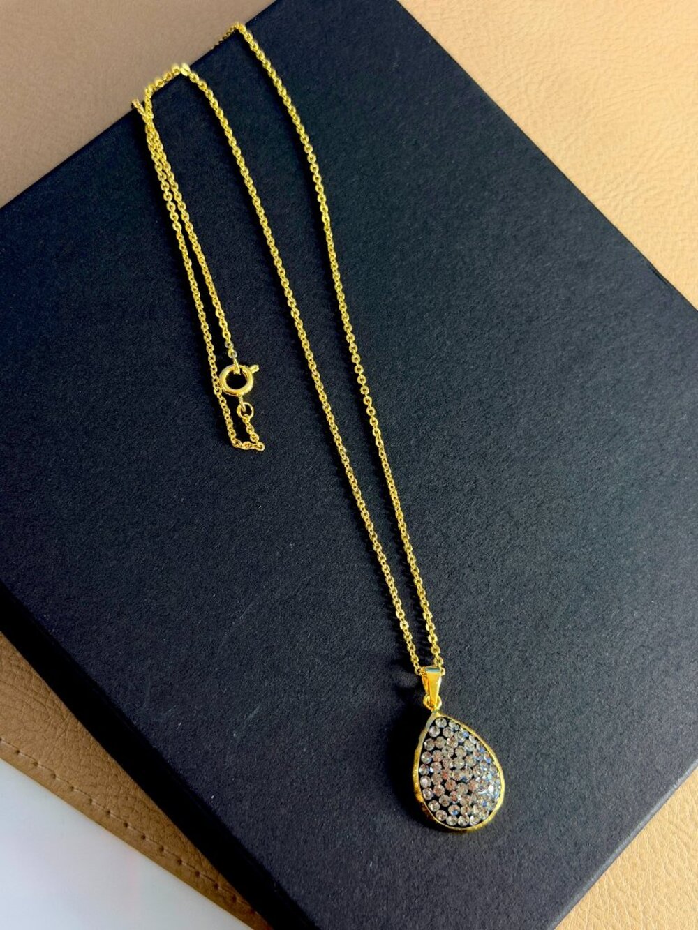 Dainty Gold Chain Teardrop Necklace w/ Pavé Crystal Pendant Statement Jewelry